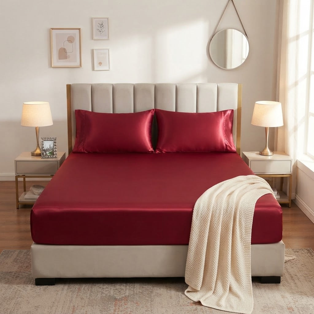 Burgundy Silky Satin Fitted Sheet – Sleep in Softness & Elegance
