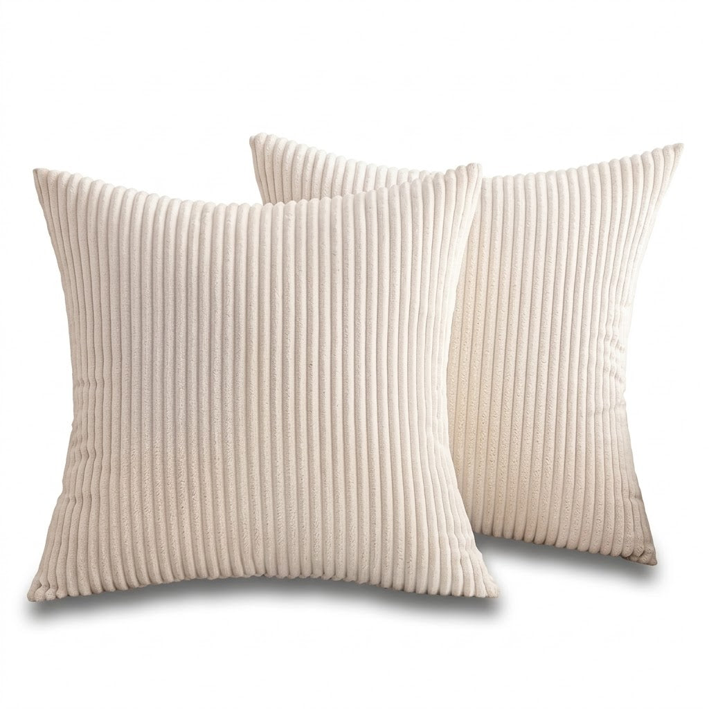 Cream-White Striped Corduroy Cushion Cover