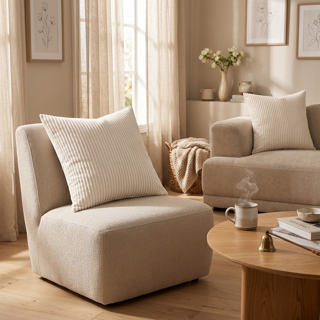 Cream-White Striped Corduroy Cushion Cover