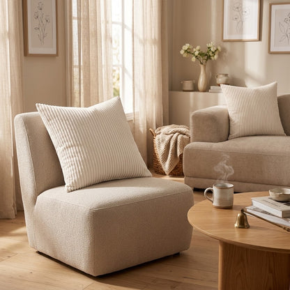 Cream-White Striped Corduroy Cushion Cover